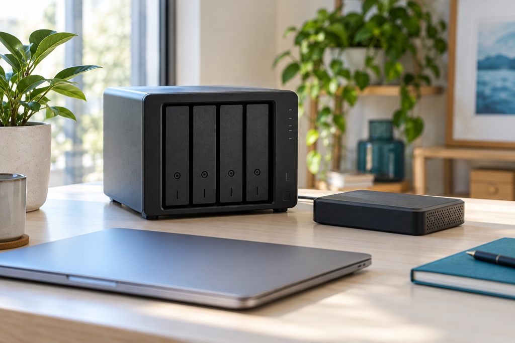 NAS、獨立儲存裝置與筆記型電腦，生成情境示意圖